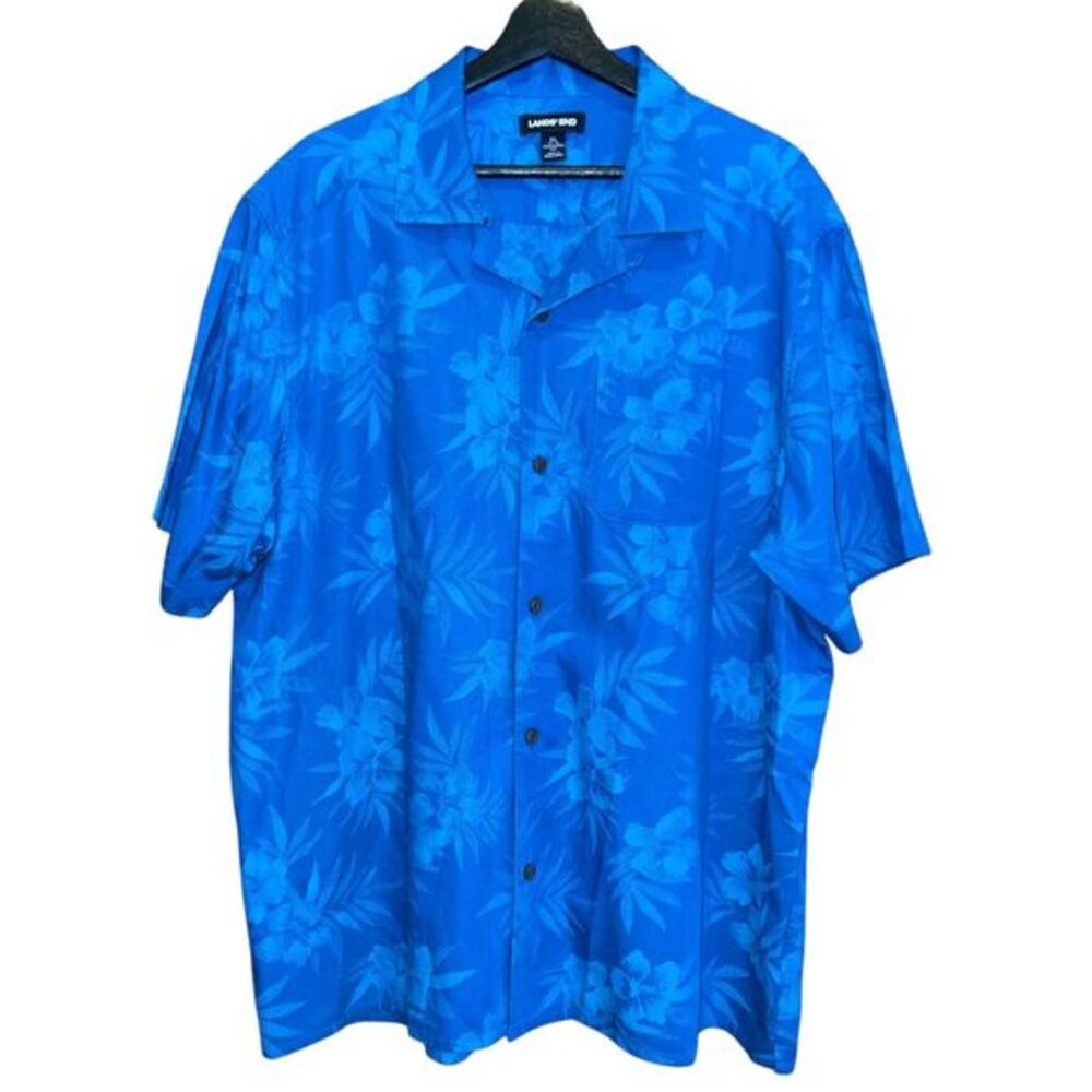 Lands End Hawaiian Shirt Mens XL Blue Floral Traditional‎ Fit Short Sleeve